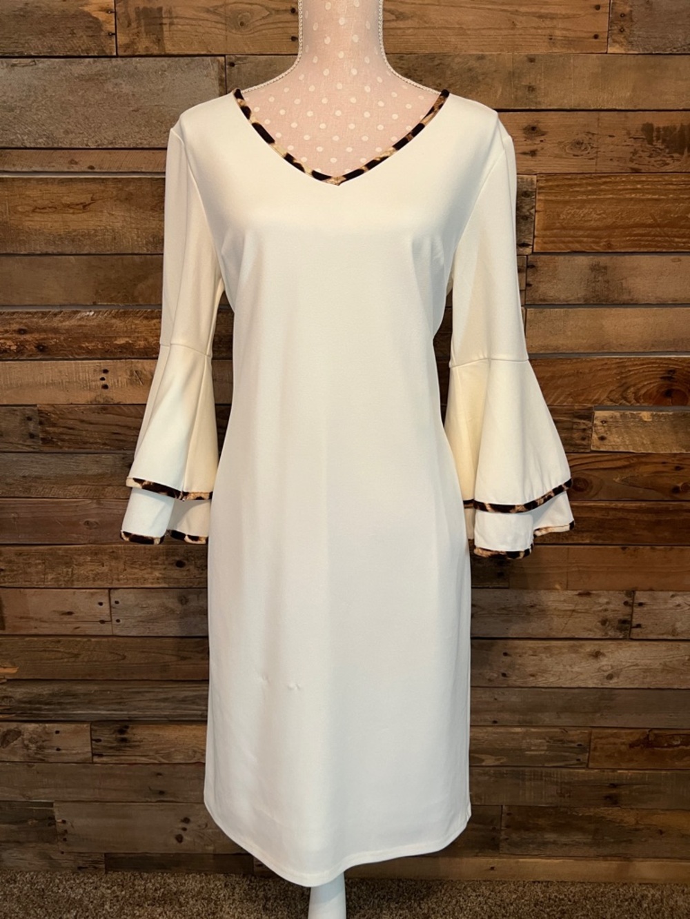 Ivory Bell-Sleeve V-Neck Dress with Leopard Trim